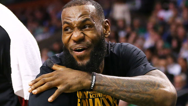 BOSTON, MA - FEBRUARY 11: Lebron James #23 of the Cleveland Cavaliers reacts in the second half during a game against the Boston Celtics at TD Garden on February 11, 2018 in Boston, Massachusetts.
