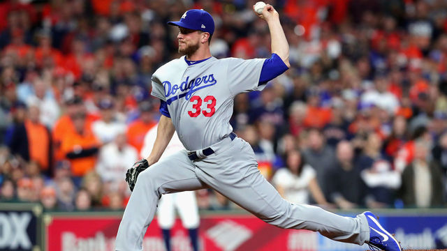 HOUSTON, TX - OCTOBER 28: Tony Watson #33 of the Los Angeles Dodgers throws a pitch during the eighth inning against the Houston Astros in game four of the 2017 World Series at Minute Maid Park on October 28, 2017 in Houston, Texas.