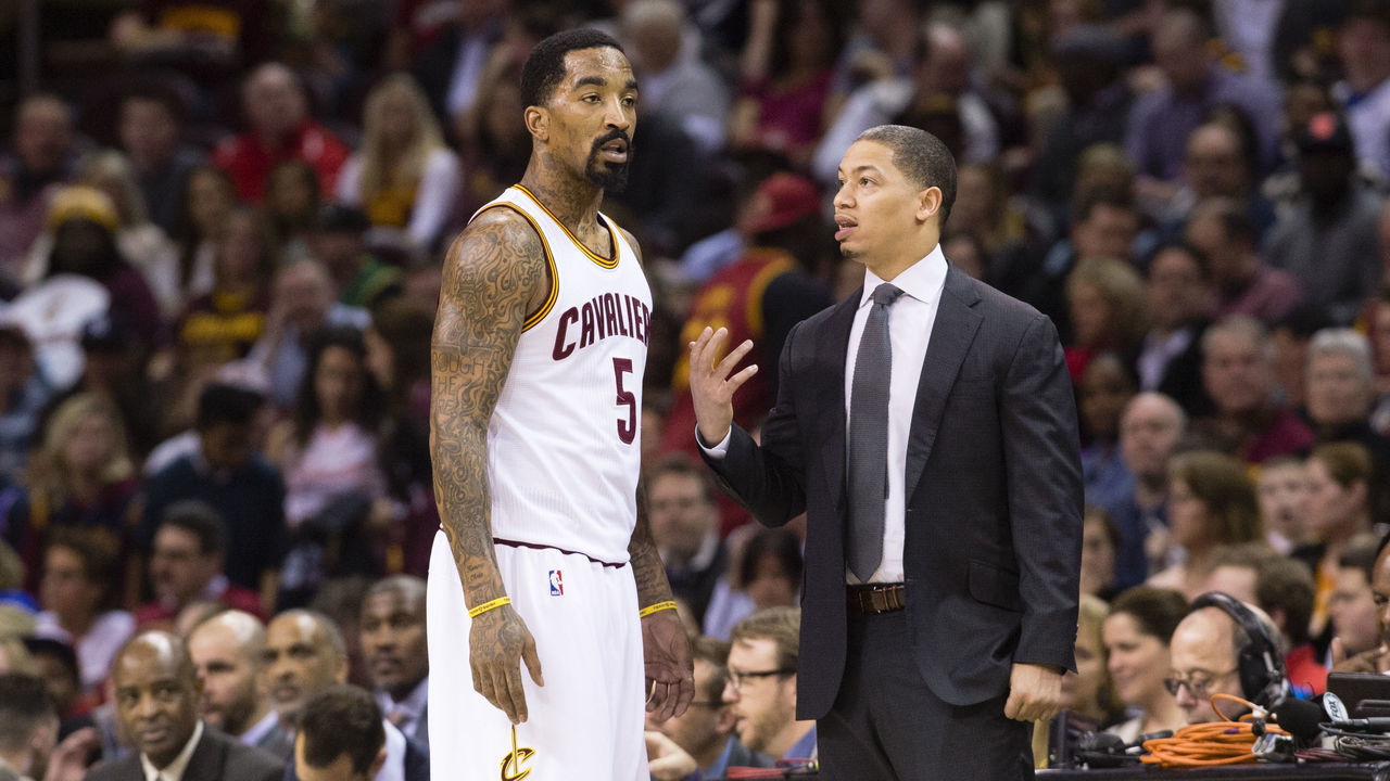 CLEVELAND, OH - MARCH 7: J.R. Smith #5 of the Cleveland Cavaliers talks to head coach Tyronn Lue during the first half at Quicken Loans Arena on March 7, 2016 in Cleveland, Ohio. NOTE TO USER: User expressly acknowledges and agrees that, by downloading and/or using this photograph, user is consenting to the terms and conditions of the Getty Images License Agreement. Mandatory copyright notice.