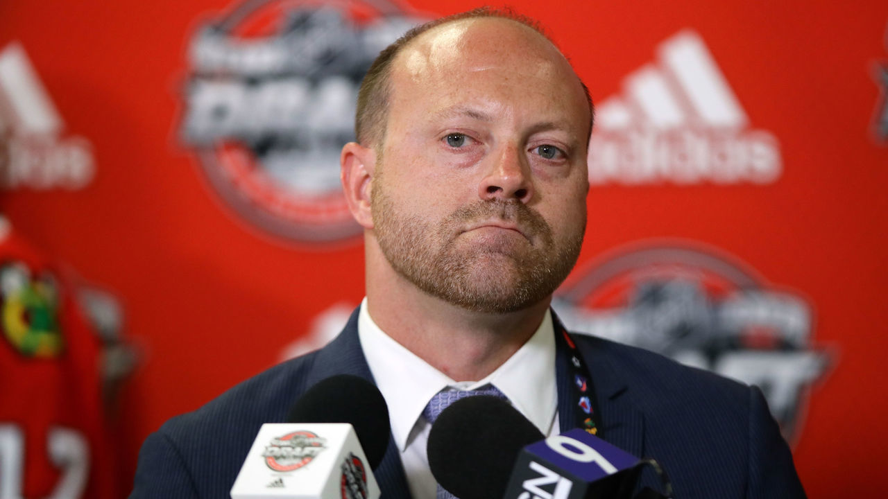 CHICAGO, IL - JUNE 23: Chicago Blackhawks general manager Stan Bowman is interviewed during the 2017 NHL Draft at the United Center on June 23, 2017 in Chicago, Illinois.