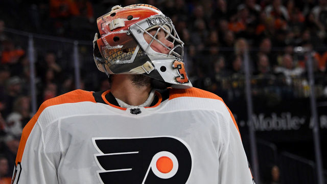 LAS VEGAS, NV - FEBRUARY 11: Michal Neuvirth #30 of the Philadelphia Flyers takes a break during a stop in play in the second period of a game against the Vegas Golden Knights at T-Mobile Arena on February 11, 2018 in Las Vegas, Nevada. The Flyers won 4-1.