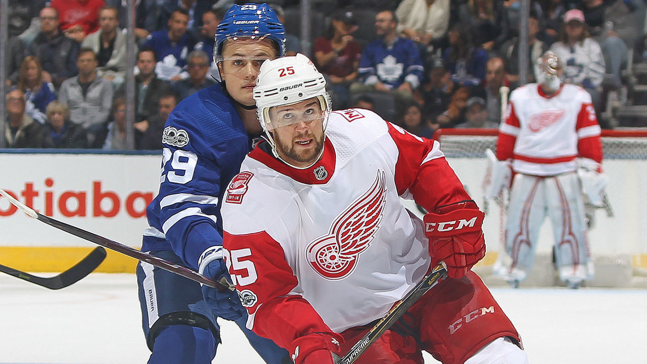 TORONTO, ON - OCTOBER 18: Mike Green #25 of the Detroit Red Wings skates against William Nylander #29 of the Toronto Maple Leafs in an NHL game at the Air Canada Centre on October 18, 2017 in Toronto, Ontario. The Maple Leafs defeated the Red Wings 6-3.
