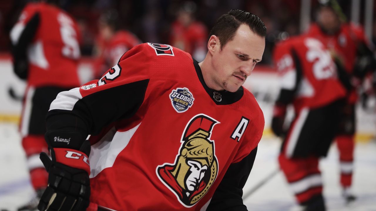 STOCKHOLM, SWEDEN - NOVEMBER 11: Dion Phaneuf #2 of Ottawa Senators during warmup ahead of the 2017 SAP NHL Global Series match between Colorado Avalanche and Ottawa Senators at Ericsson Globe on November 11, 2017 in Stockholm, Sweden.