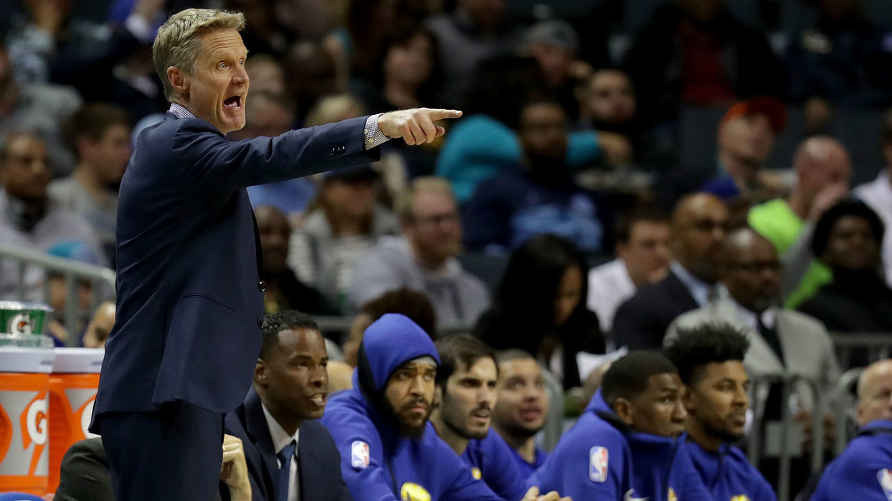 CHARLOTTE, NC - DECEMBER 06: Head coach Steve Kerr of the Golden State Warriors yells to his team against the Charlotte Hornets during their game at Spectrum Center on December 6, 2017 in Charlotte, North Carolina.
