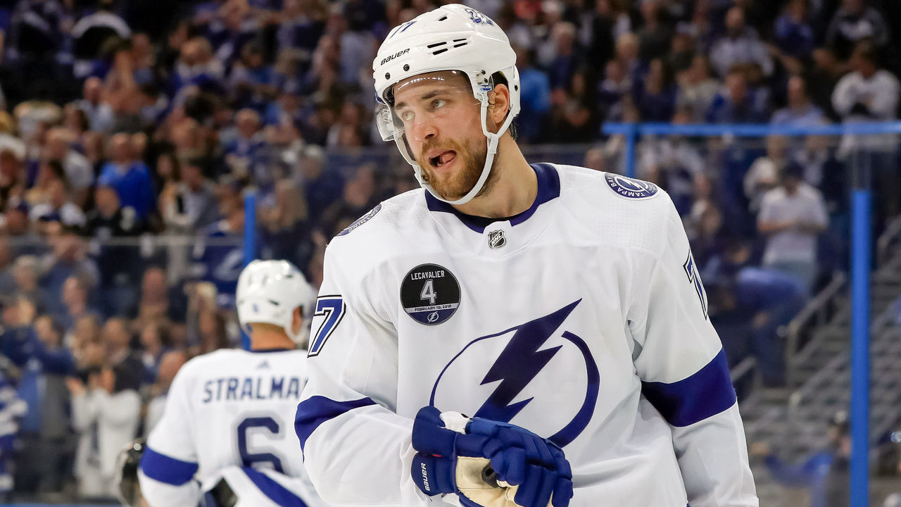 TAMPA, FL - FEBRUARY 10: Victor Hedman #77 of the Tampa Bay Lightning reacts during the game against the Los Angeles Kings at the Amalie Arena on February 10, 2018 in Tampa, Florida.