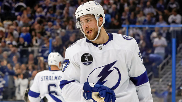 TAMPA, FL - FEBRUARY 10: Victor Hedman #77 of the Tampa Bay Lightning reacts during the game against the Los Angeles Kings at the Amalie Arena on February 10, 2018 in Tampa, Florida.
