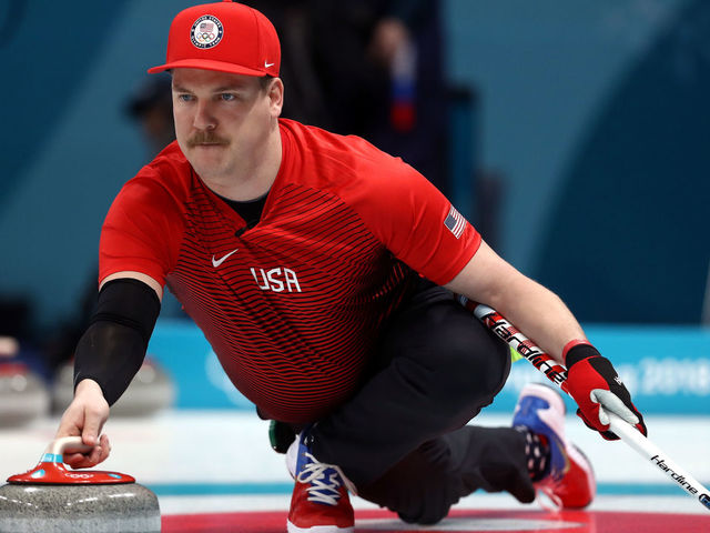 PYEONGCHANG-GUN, SOUTH KOREA - FEBRUARY 08: Matt Hamilton of the United States delivers a stone against Olympic Athletes from Russia in the Curling Mixed Doubles Round Robin Session 1 during the PyeongChang 2018 Winter Olympic Games at Gangneung Curling Centre on February 8, 2018 in Pyeongchang-gun, South Korea.