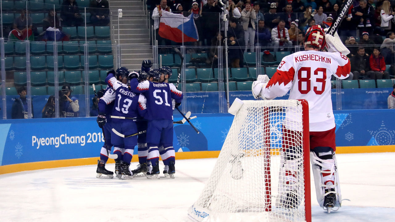 GANGNEUNG, SOUTH KOREA - FEBRUARY 14: Peter Olvecky #85 of Slovakia celebrates with teammates after scoring a goal in the first period against Vasili Koshechkin #83 of Olympic Athletes from Russia during the Men's Ice Hockey Preliminary Round Group B game on day five of the PyeongChang 2018 Winter Olympics at Gangneung Hockey Centre on February 14, 2018 in Gangneung, South Korea.