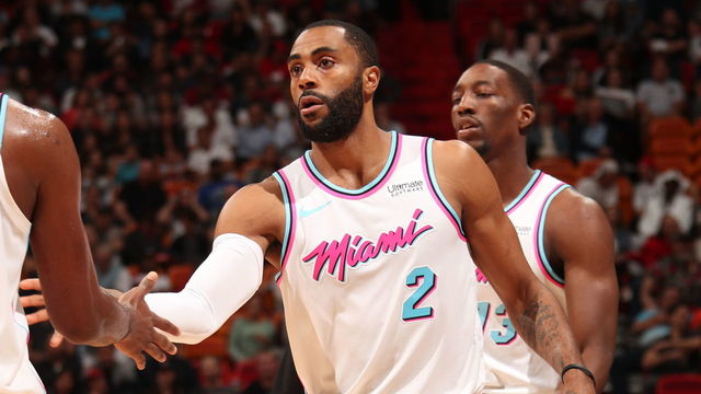 MIAMI, FL - FEBRUARY 5: Wayne Ellington #2 of the Miami Heat shares handshake with Justise Winslow #20 of the Miami Heat against the Orlando Magic on February 5, 2018 at American Airlines Arena in Miami, Florida. Mandatory Copyright Notice: Copyright 2018 NBAE