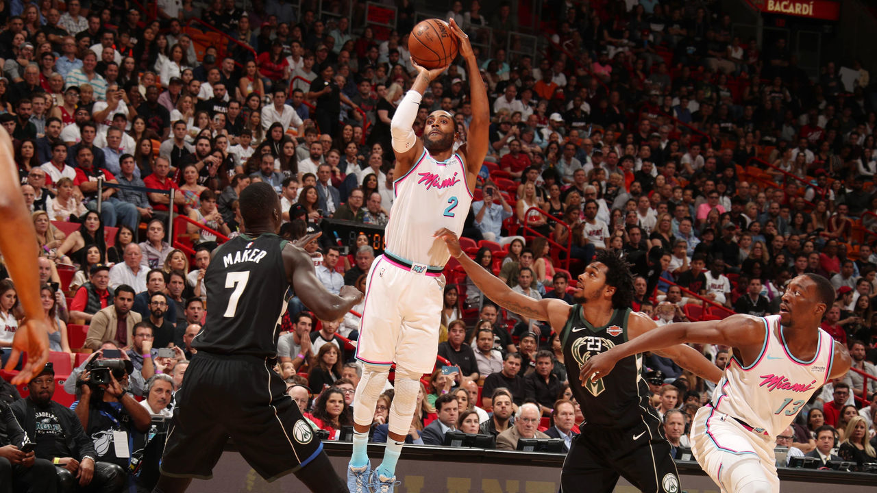 MIAMI, FL - FEBRUARY 9: Wayne Ellington #2 of the Miami Heat shoots the ball during the game against the Milwaukee Bucks on February 9, 2018 at American Airlines Arena in Miami, Florida. Mandatory Copyright Notice: Copyright 2018 NBAE