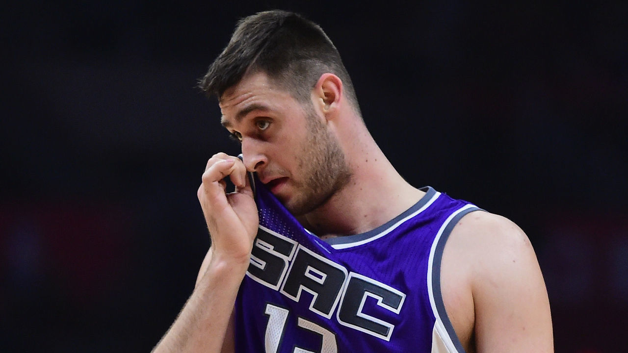 LOS ANGELES, CA - APRIL 12: Georgios Papagiannis #13 of the Sacramento Kings reacts after a timeout with his team trailing the LA Clippers during the first half at Staples Center on April 12, 2017 in Los Angeles, California.