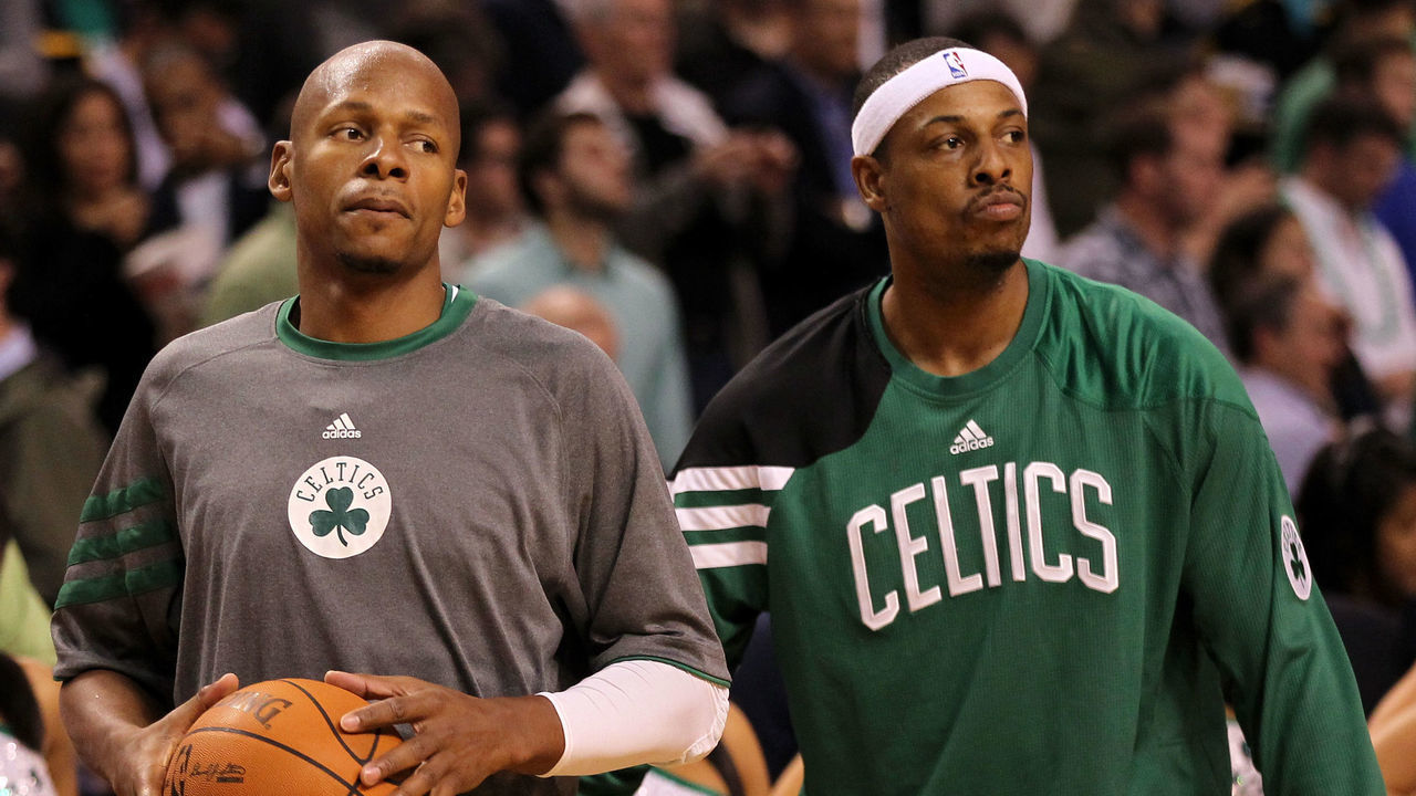 BOSTON, MA - JUNE 07: (L-R) Ray Allen #20 and Paul Pierce #34 of the Boston Celtics look on during warm ups against the Miami Heat in Game Six of the Eastern Conference Finals in the 2012 NBA Playoffs on June 7, 2012 at TD Garden in Boston, Massachusetts.