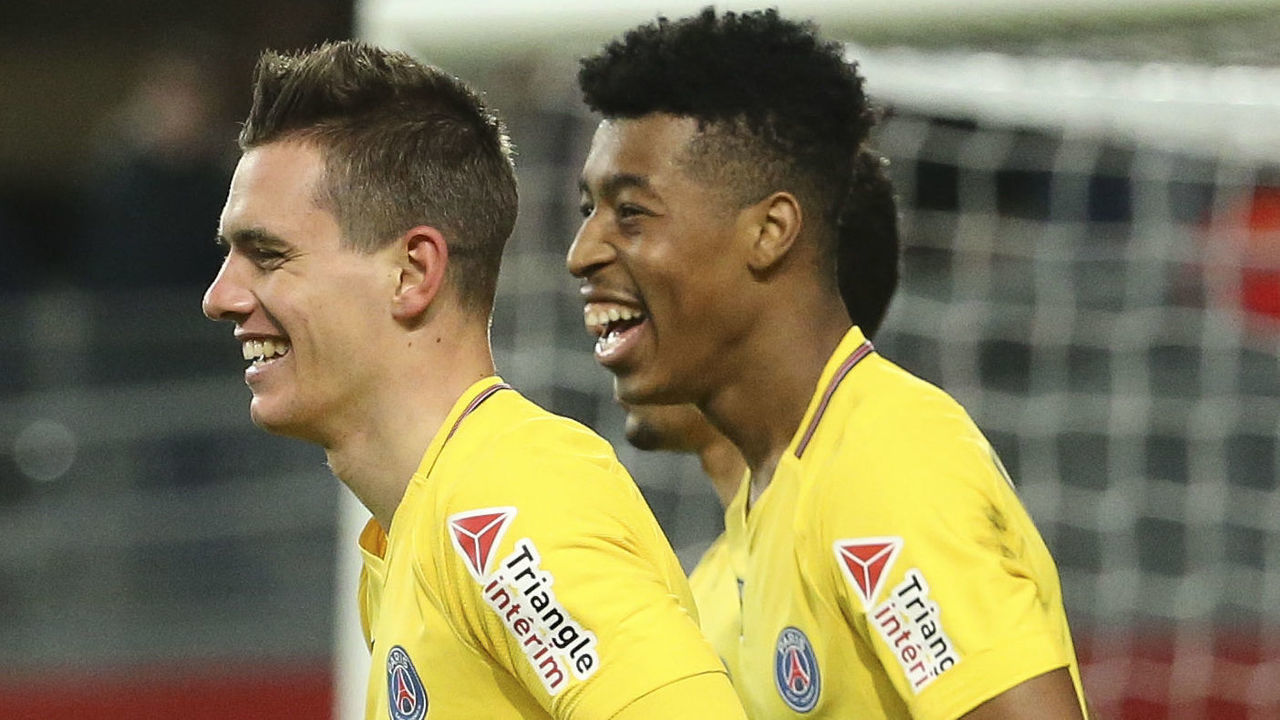 RENNES, FRANCE - JANUARY 30: Giovani Lo Celso of PSG celebrates his goal with Presnel Kimpembe during the French League Cup (Coupe de la Ligue) match between Stade Rennais and Paris Saint Germain (PSG) at Roazhon Park on January 30, 2018 in Rennes, France.