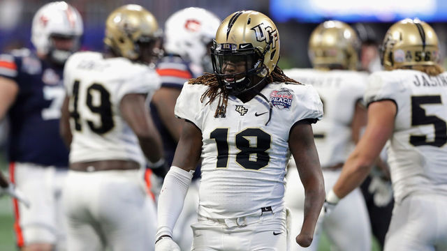 ATLANTA, GA - JANUARY 01: Shaquem Griffin #18 of the UCF Knights looks on in the second half against the Auburn Tigers during the Chick-fil-A Peach Bowl at Mercedes-Benz Stadium on January 1, 2018 in Atlanta, Georgia.