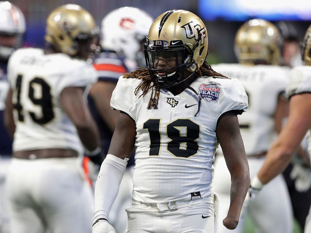 ATLANTA, GA - JANUARY 01: Shaquem Griffin #18 of the UCF Knights looks on in the second half against the Auburn Tigers during the Chick-fil-A Peach Bowl at Mercedes-Benz Stadium on January 1, 2018 in Atlanta, Georgia.