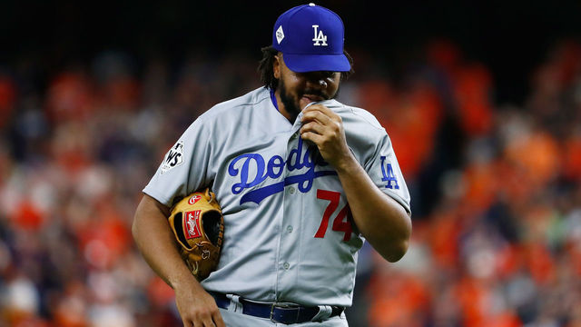 HOUSTON, TX - OCTOBER 30: Kenley Jansen #74 of the Los Angeles Dodgers looks on during the tenth inning against the Houston Astros in game five of the 2017 World Series at Minute Maid Park on October 30, 2017 in Houston, Texas.
