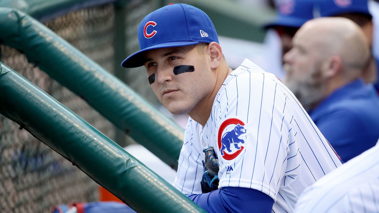 CHICAGO, IL - OCTOBER 09: Anthony Rizzo #44 of the Chicago Cubs looks on from the dugout before game three of the National League Division Series against the Washington Nationals at Wrigley Field on October 9, 2017 in Chicago, Illinois.