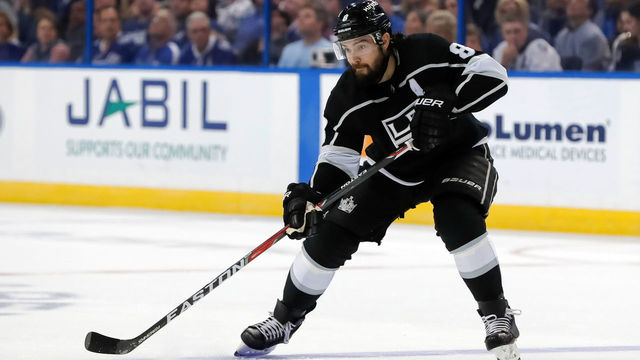 TAMPA, FL - FEBRUARY 10: Drew Doughty #8 of the Los Angeles Kings brings the puck up against the Tampa Bay Lightning at the Amalie Arena on February 10, 2018 in Tampa, Florida.