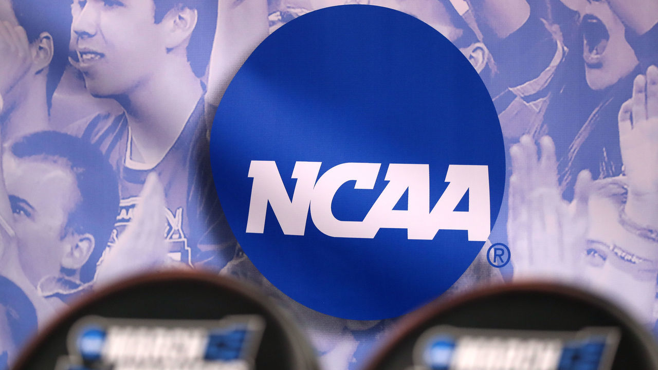 SALT LAKE CITY, UT - MARCH 16: The NCAA logo is seen in the second half of the game between the Northwestern Wildcats and the Vanderbilt Commodores during the first round of the 2017 NCAA Men's Basketball Tournament at Vivint Smart Home Arena on March 16, 2017 in Salt Lake City, Utah.
