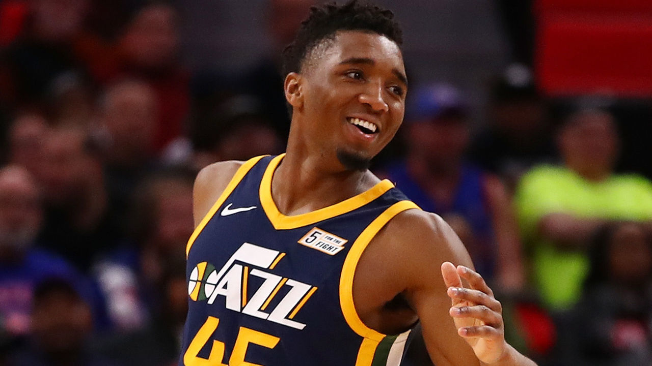 DETROIT, MI - JANUARY 24: Donovan Mitchell #45 of the Utah Jazz reacts after a basket while playing the Detroit Pistons at Little Caesars Arena on January 24, 2018 in Detroit, Michigan.
