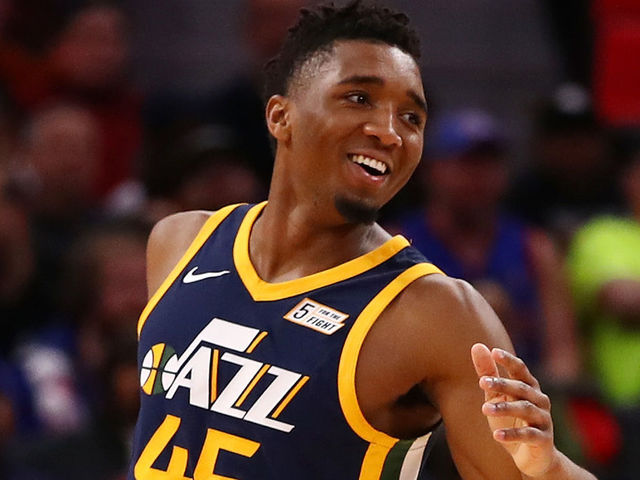 DETROIT, MI - JANUARY 24: Donovan Mitchell #45 of the Utah Jazz reacts after a basket while playing the Detroit Pistons at Little Caesars Arena on January 24, 2018 in Detroit, Michigan.