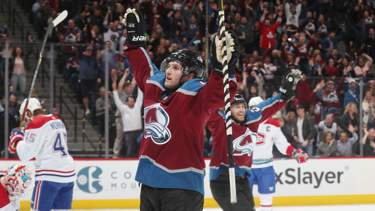 DENVER, CO - FEBRUARY 14: Alexander Kerfoot #13 of the Colorado Avalanche celebrates after a goal against the Montreal Canadiens at the Pepsi Center on February 14, 2018 in Denver, Colorado. The Avalanche defeated the Canadiens 2-0.