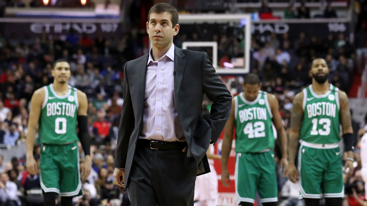 WASHINGTON, DC - FEBRUARY 8: Head coach Brad Stevens of the Boston Celtics calls a time out against the Washington Wizards in the first half at Capital One Arena on February 8, 2018 in Washington, DC.