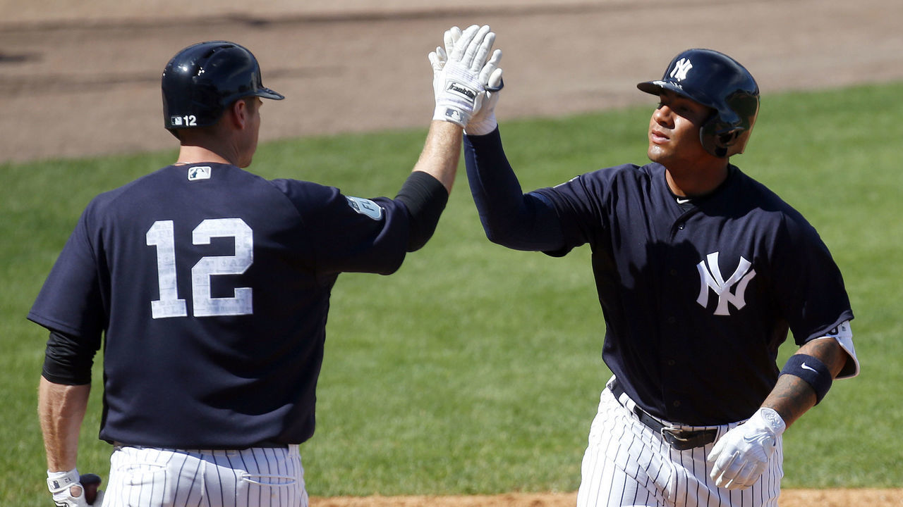 TAMPA, FL - MARCH 11: Gleyber Torres #81 of the New York Yankees celebrates after hitting a solo home run in the sixth inning against the Detroit Tigers during a spring training game at George M. Steinbrenner Field on March 11, 2017 in Tampa, Florida.