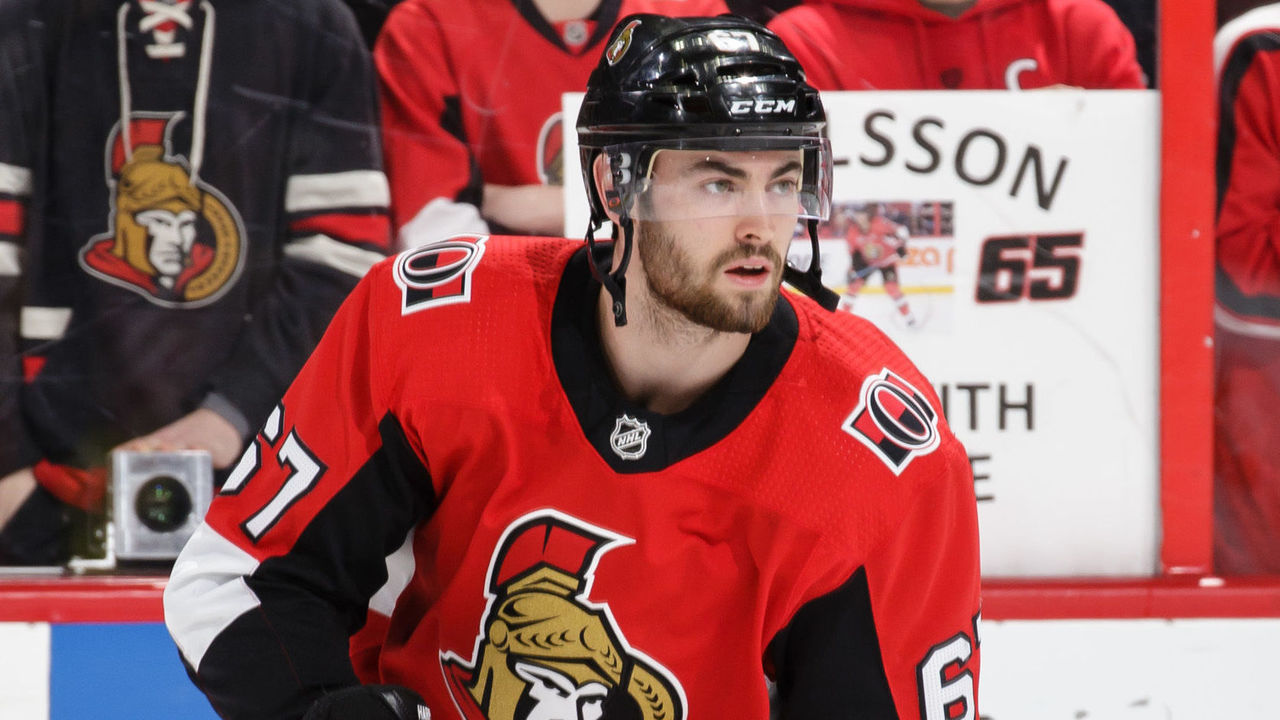 OTTAWA, ON - JANUARY 9: Ben Harpur #67 of the Ottawa Senators skates during warmups prior to a game against the Chicago Blackhawks at Canadian Tire Centre on January 9, 2018 in Ottawa, Ontario, Canada.