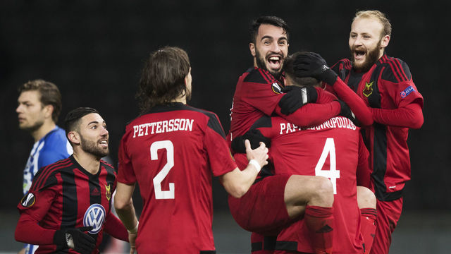 BERLIN, GERMANY - DECEMBER 07: Brwa Nouri of Ostersunds FK celebrates together with Sotirios Papagiannopoulus who scored the opening goal to 0-1 during the UEFA Europa League group J match between Hertha BSC and Ostersunds FK at the Olympic Stadium on December 7, 2017 in Berlin, Germany.