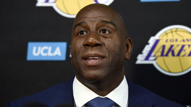 EL SEGUNDO, CA - SEPTEMBER 25: Earvin 'Magic' Johnson, president of basketball operations of the Los Angeles Lakers, speaks during media day September 25, 2017, in El Segundo, California. NOTE TO USER: User expressly acknowledges and agrees that, by downloading and/or using this photograph, user is consenting to the terms and conditions of the Getty Images License Agreement.