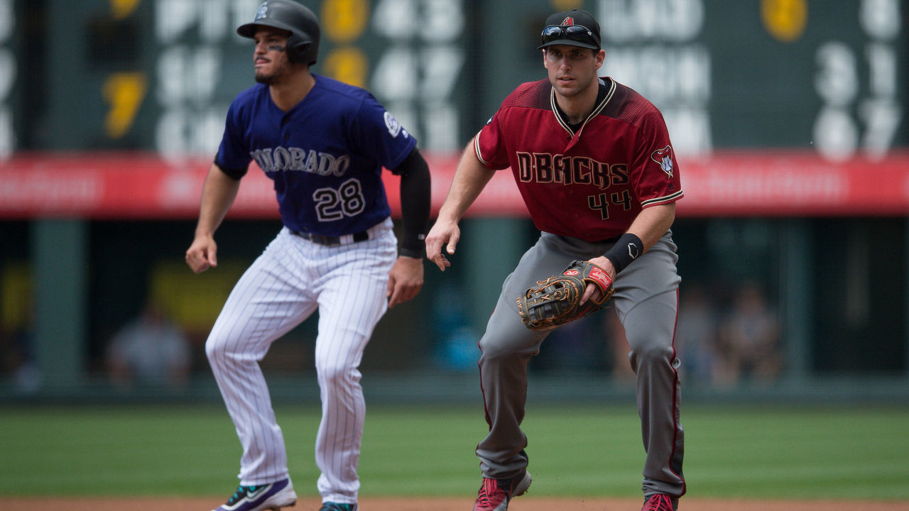 DENVER, CO - SEPTEMBER 4: Nolan Arenado #28 of the Colorado Rockies leads off from first base as Paul Goldschmidt #44 of the Arizona Diamondbacks plays defense in the first inning of a game at Coors Field on September 4, 2016 in Denver, Colorado.