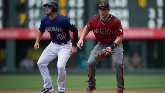 DENVER, CO - SEPTEMBER 4: Nolan Arenado #28 of the Colorado Rockies leads off from first base as Paul Goldschmidt #44 of the Arizona Diamondbacks plays defense in the first inning of a game at Coors Field on September 4, 2016 in Denver, Colorado.