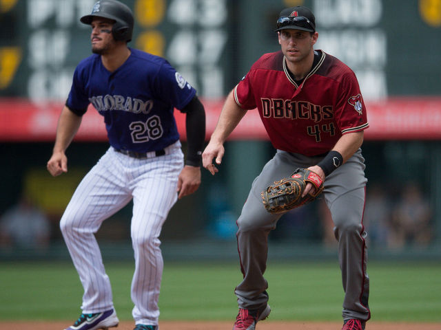 DENVER, CO - SEPTEMBER 4: Nolan Arenado #28 of the Colorado Rockies leads off from first base as Paul Goldschmidt #44 of the Arizona Diamondbacks plays defense in the first inning of a game at Coors Field on September 4, 2016 in Denver, Colorado.