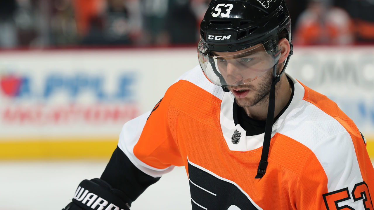 PHILADELPHIA, PA - FEBRUARY 08: Shayne Gostisbehere #53 of the Philadelphia Flyers looks on during warm-ups against the Montreal Canadiens on February 8, 2018 at the Wells Fargo Center in Philadelphia, Pennsylvania.