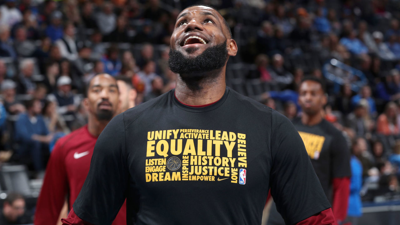 OKLAHOMA CITY, OK - FEBRUARY 13: LeBron James #23 of the Cleveland Cavaliers warms up before the game against the Oklahoma City Thunder on February 13, 2018 at Chesapeake Energy Arena in Oklahoma City, Oklahoma. NOTE TO USER: User expressly acknowledges and agrees that, by downloading and/or using this photograph, user is consenting to the terms and conditions of the Getty Images License Agreement. Mandatory Copyright Notice: Copyright 2018 NBAE