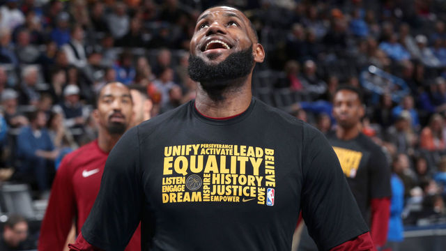 OKLAHOMA CITY, OK - FEBRUARY 13: LeBron James #23 of the Cleveland Cavaliers warms up before the game against the Oklahoma City Thunder on February 13, 2018 at Chesapeake Energy Arena in Oklahoma City, Oklahoma. NOTE TO USER: User expressly acknowledges and agrees that, by downloading and/or using this photograph, user is consenting to the terms and conditions of the Getty Images License Agreement. Mandatory Copyright Notice: Copyright 2018 NBAE