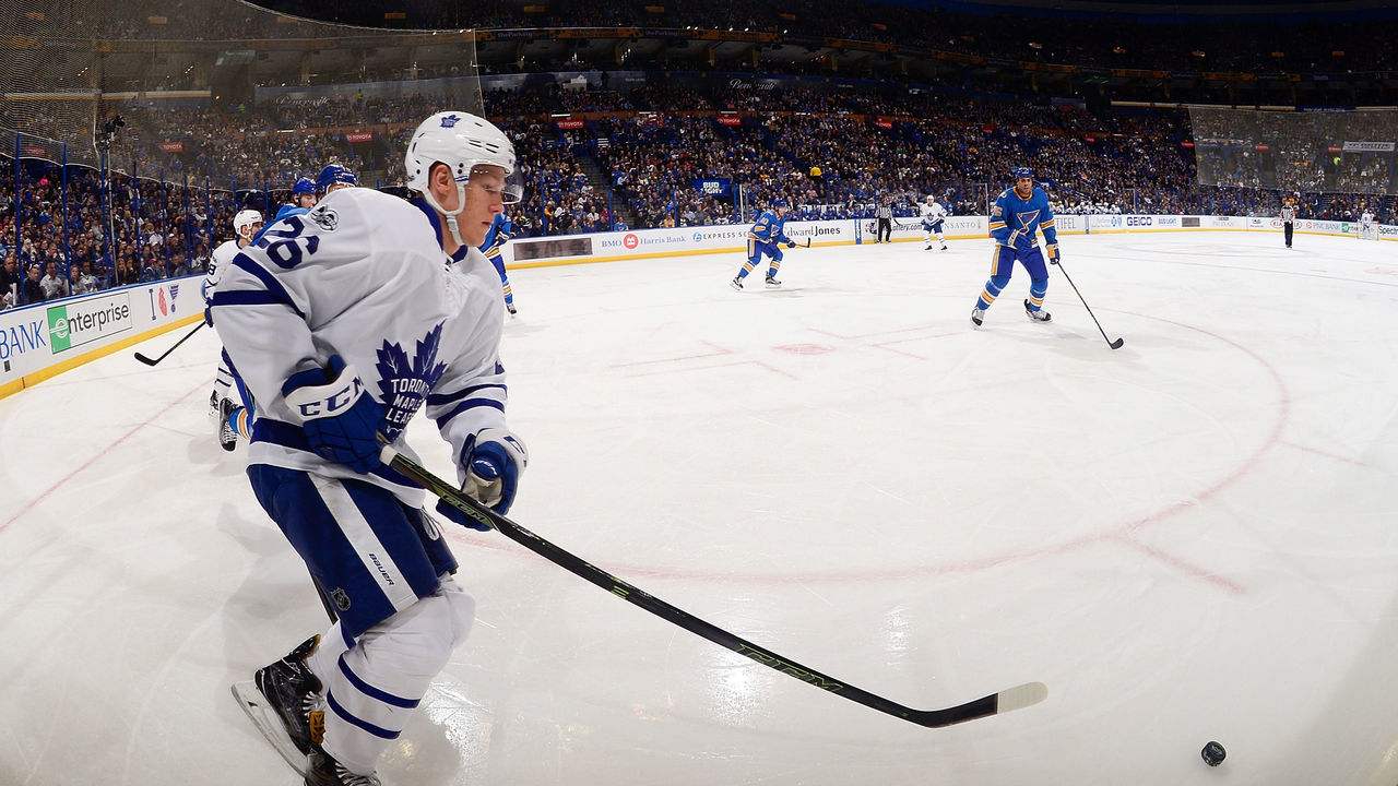 ST. LOUIS, MO - FEBRUARY 2: Nikita Soshnikov #26 of the Toronto Maple Leafs handles the puck against the St. Louis Blues on February 2, 2017 at Scottrade Center in St. Louis, Missouri.