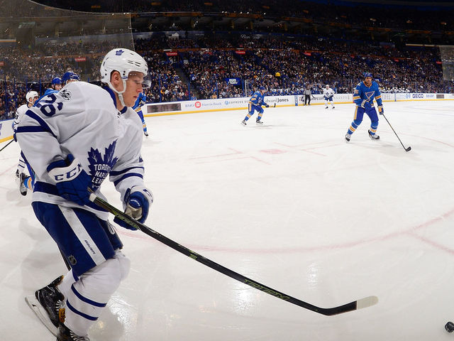 ST. LOUIS, MO - FEBRUARY 2: Nikita Soshnikov #26 of the Toronto Maple Leafs handles the puck against the St. Louis Blues on February 2, 2017 at Scottrade Center in St. Louis, Missouri.