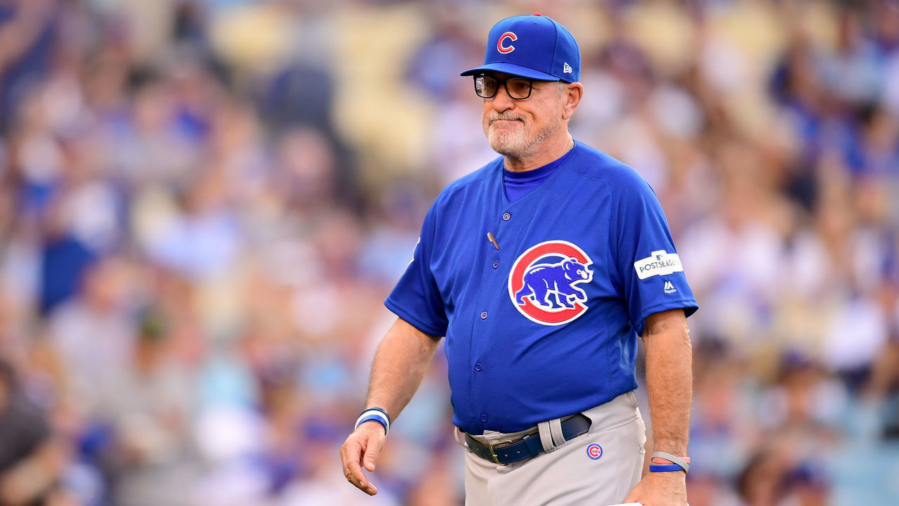 LOS ANGELES, CA - OCTOBER 14: Joe Maddon #70 of the Chicago Cubs looks on prior to Game One of the National League Championship Series against the Los Angeles Dodgers at Dodger Stadium on October 14, 2017 in Los Angeles, California.