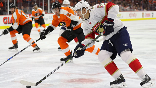PHILADELPHIA, PA - OCTOBER 17: Radim Vrbata #71 of the Florida Panthers skates in front of Ivan Provorov #9 of the Philadelphia Flyers during the first period at Wells Fargo Center on October 17, 2017 in Philadelphia, Pennsylvania.