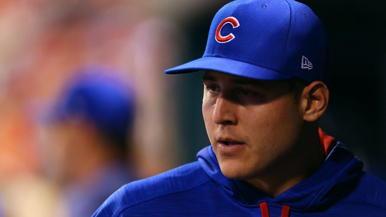 ST. LOUIS, MO - SEPTEMBER 28: Anthony Rizzo #44 of the Chicago Cubs looks on from the dugout in the fourth inning against the St. Louis Cardinals at Busch Stadium on September 28, 2017 in St. Louis, Missouri.