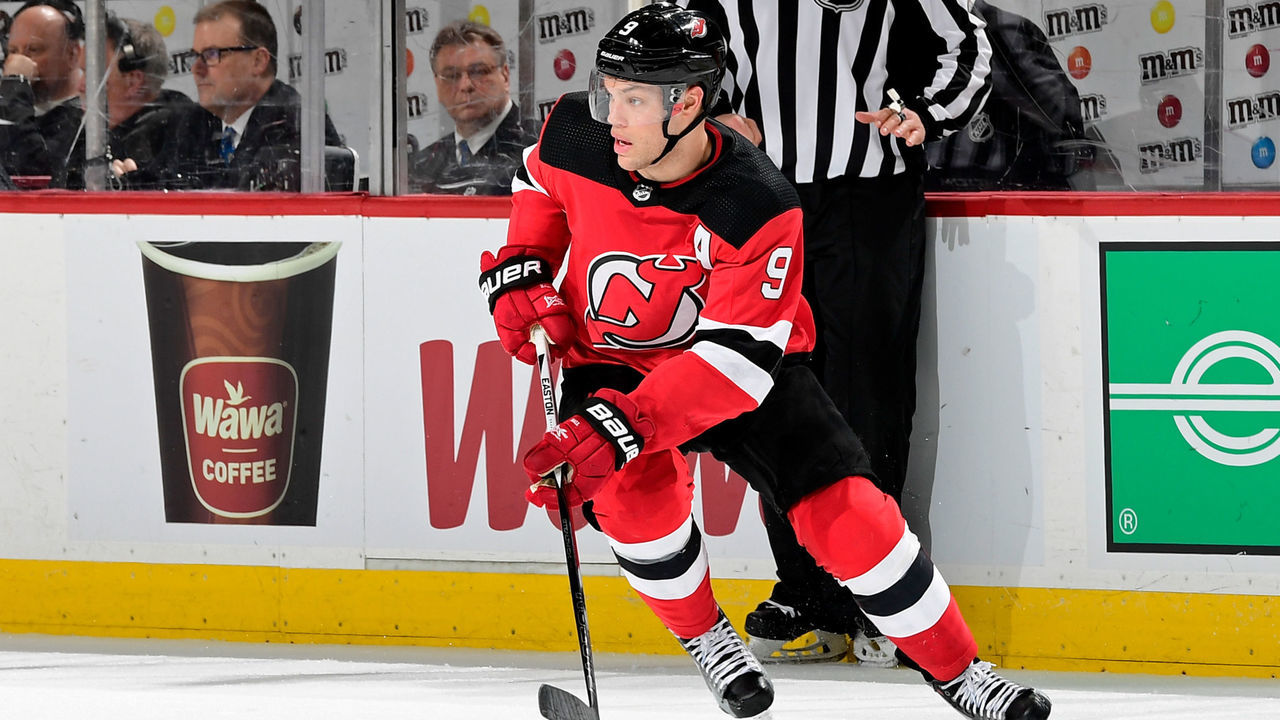 NEWARK, NJ - FEBRUARY 11: Taylor Hall #9 of the New Jersey Devils in action against the Boston Bruins at Prudential Center on February 11, 2018 in Newark, New Jersey. The Boston Bruins defeated the New Jersey Devils 5-3.