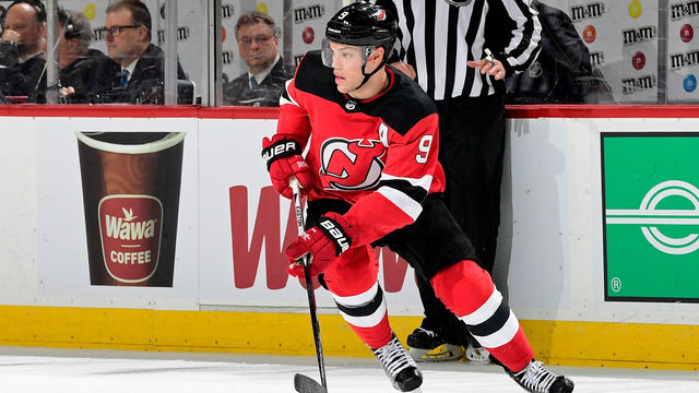 NEWARK, NJ - FEBRUARY 11: Taylor Hall #9 of the New Jersey Devils in action against the Boston Bruins at Prudential Center on February 11, 2018 in Newark, New Jersey. The Boston Bruins defeated the New Jersey Devils 5-3.