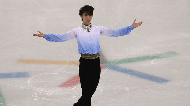 GANGNEUNG, SOUTH KOREA - FEBRUARY 16: Yuzuru Hanyu of Japan competes during the Men's Single Skating Short Program at Gangneung Ice Arena on February 16, 2018 in Gangneung, South Korea.