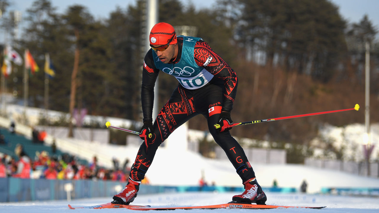 PYEONGCHANG-GUN, SOUTH KOREA - FEBRUARY 16: Pita Taufatofua of Tonga crosses the finish line during the Cross-Country Skiing Men's 15km Free at Alpensia Cross-Country Centre on February 16, 2018 in Pyeongchang-gun, South Korea.