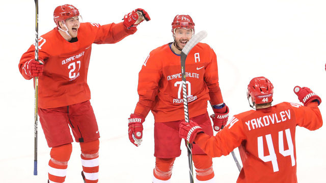 GANGNEUNG, SOUTH KOREA - FEBRUARY 16: Ilya Kovalchuk #71 of Olympic Athlete from Russia celebrates with his teammates after scoring a goal against Slovenia during the Men's Ice Hockey Preliminary Round Group B game at Gangneung Hockey Centre on February 16, 2018 in Gangneung, South Korea.