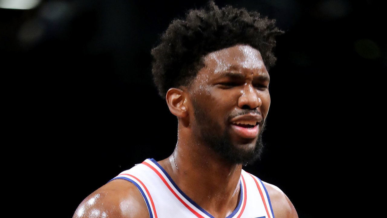 NEW YORK, NY - JANUARY 31: Joel Embiid #21 of the Philadelphia 76ers reacts in the first quarter against the Brooklyn Nets during their game at Barclays Center on January 31, 2018 in the Brooklyn borough of New York City.
