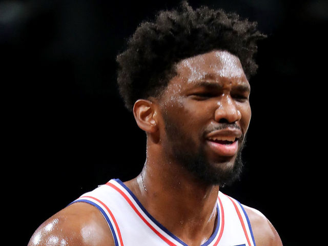 NEW YORK, NY - JANUARY 31: Joel Embiid #21 of the Philadelphia 76ers reacts in the first quarter against the Brooklyn Nets during their game at Barclays Center on January 31, 2018 in the Brooklyn borough of New York City.