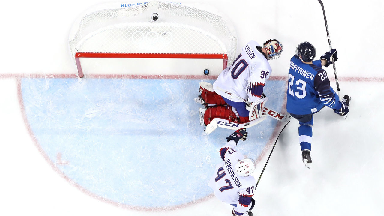 GANGNEUNG, SOUTH KOREA - FEBRUARY 16: Lars Haugen #30 of Norway gives up a goal to Eeli Tolvanen #20 of Finland in the first period during the Men's Ice Hockey Preliminary Round Group C game at Gangneung Hockey Centre on February 16, 2018 in Gangneung, South Korea.